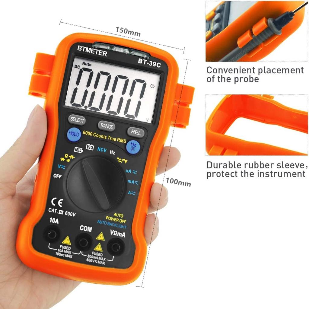 BTMETER BT-39C True RMS Digital Multimeter Auto Ranging DC AC Voltage Current Resistance Capacitance Temp Tester Auto Backlit Battery LED Indicator
