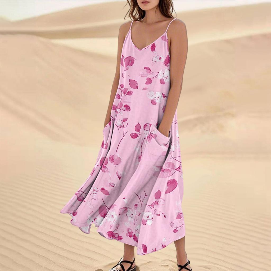 Женское модное повседневное длинное пляжное платье без рукавов с карманом и цветочным принтом