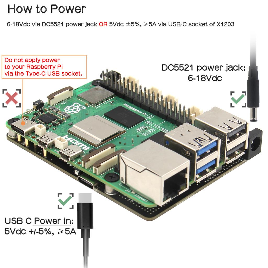 Geekworm X1203 UPS 5.1V 5A Shield & Power Management Board for Raspberry Pi 5