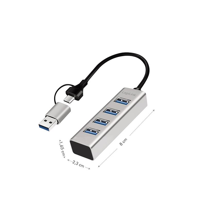 LogiLink USB 3.0 Splitter 4x USB-A with 2-in-1 USB-A/USB-C 5Gbs Cable Silver