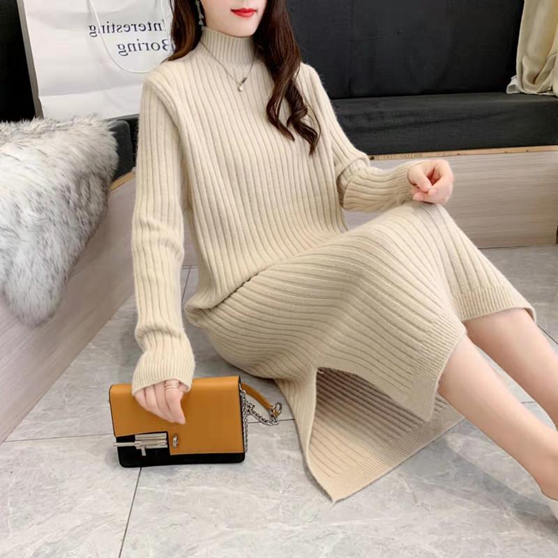 Autumn and Winter New Semi-turtleneck Knee-length Knitted Bottoming Shirt Fashion Loose Versatile Sweater Skirt Women's Clothing