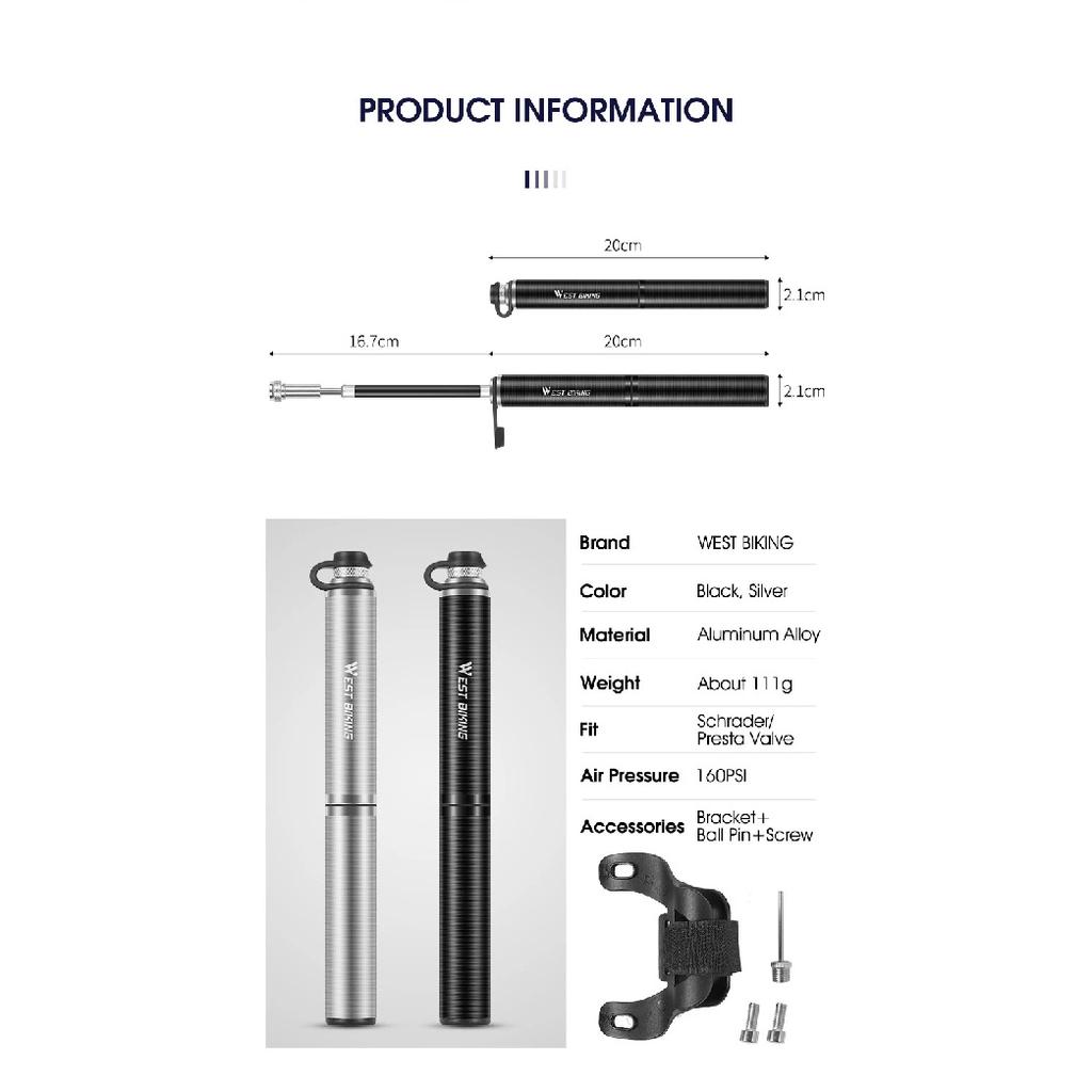 WEST BIKING Portable Bike Pump Aluminum Alloy Bicycle Air Pump Tire Inflator Schrader/Presta Universal Road Cycling Accessories