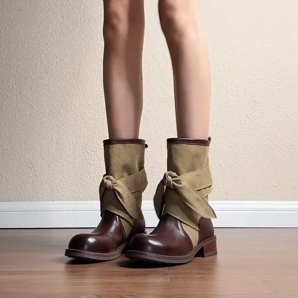 Soft leather version~ color matching stacking boots new thick heel strap short boots women's round head retro western cowboy boots trendy boots