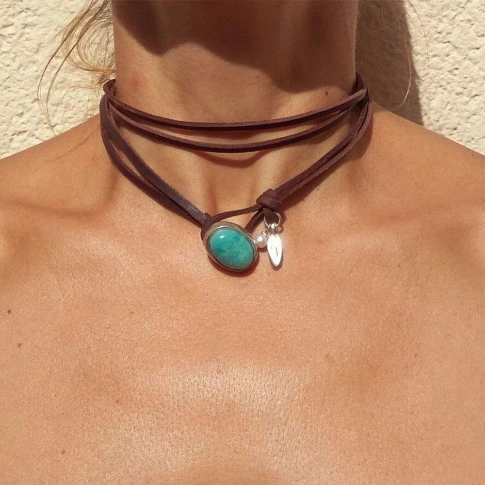 Bohemian Turquoise Pendant Necklace Vintage Ethnic Jewelr Gift Retro Necklace  for Women