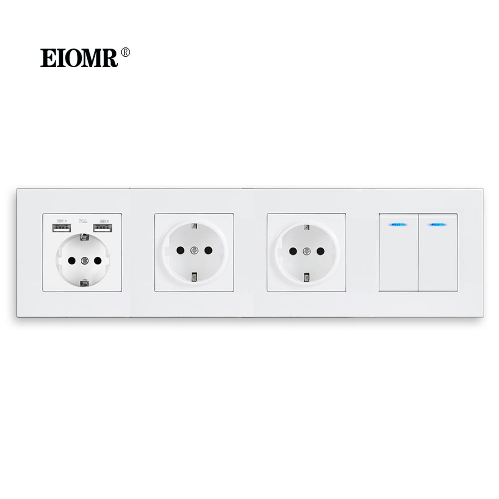EIOMR EU Настенные выключатели Розетки Огнестойкая панель из поликарбоната USB 5V 2.1A для зарядки телефона Розетки 16A 220V Белые настенные розетки