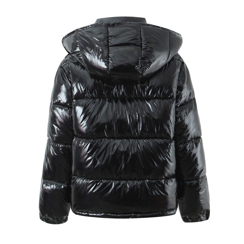 Ins Style Winter Hooded Puffer Jacket Solid Color PU Leather Cotton Coat Loose Fit Women