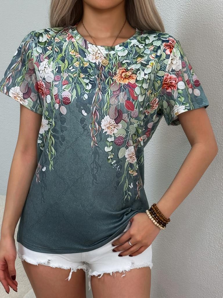 Женская футболка Летняя Повседневная Круглый вырез Короткий рукав 3D принт Цветочный узор Топ Свободная Повседневная одежда Женская футболка