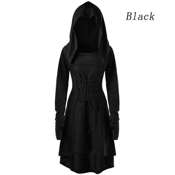 Womens Gothic Punk Cosplay Hooded Cloak Cape Coats Witch Swing Dress Costume