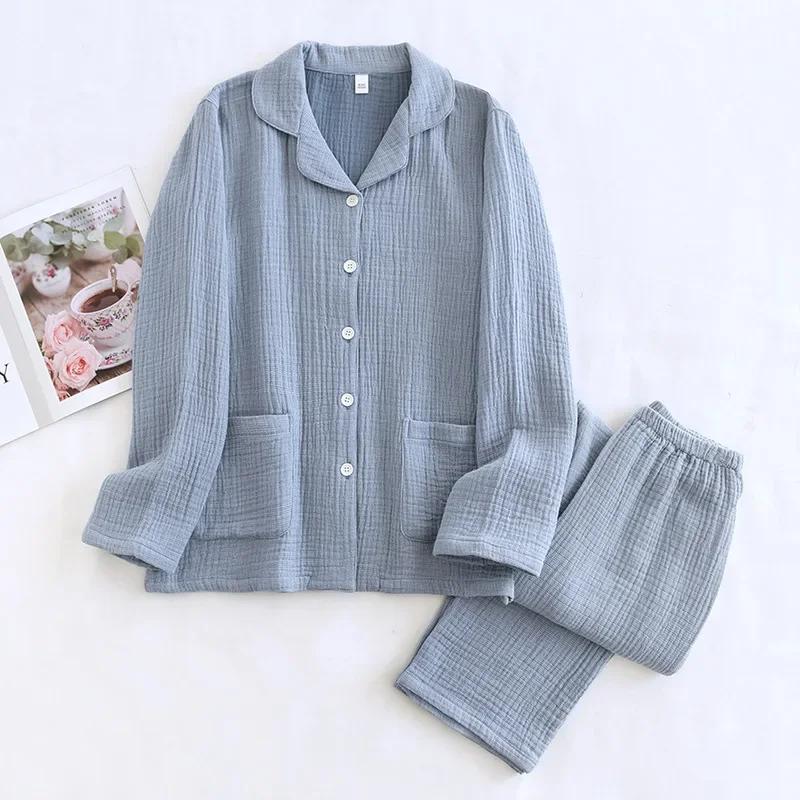 New Couple's Pajama Set 100% Cotton Men's and Women's Collar Long Sleeve Long Pants Solid Color Two Piece Home Set Pijamas