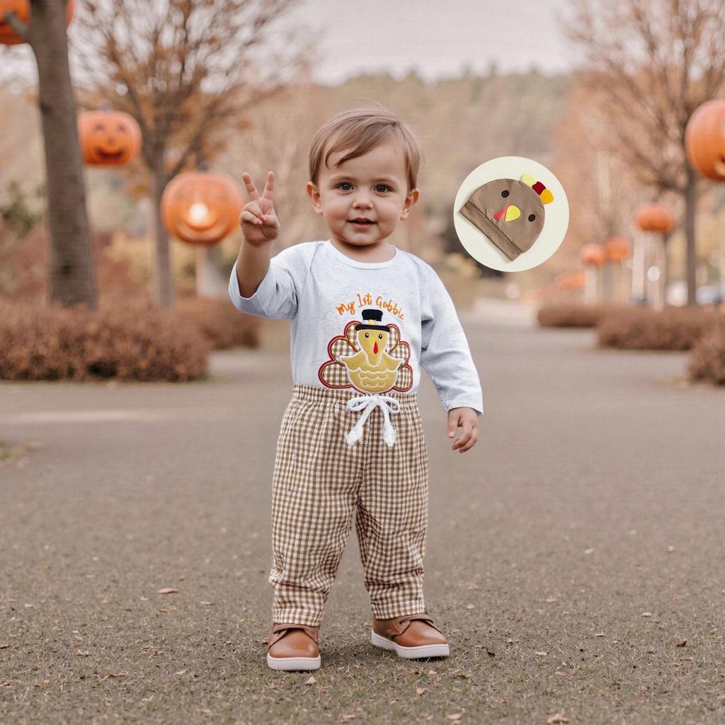 Infant & Toddler Thanksgiving Turkey Romper Set: Plaid Pants & Hat Included