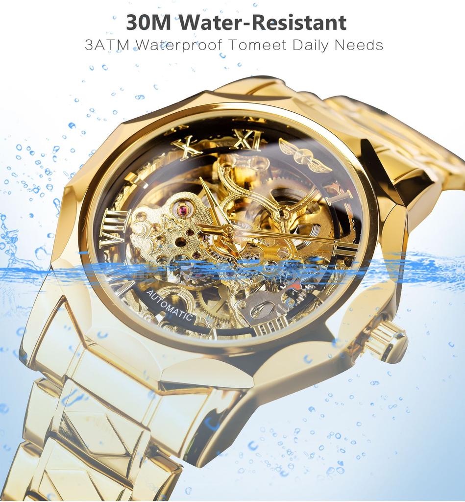 Полигональные мужские механические часы Fashiona Hollowed Out Automatic Watch из нержавеющей стали Skeleton Wristwatches Gold Color Relojes