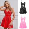 Women's Sexy Wet Look Patent Leather Skirt V Neck Mini Dress Clubwear Gothic Party Dance Costume