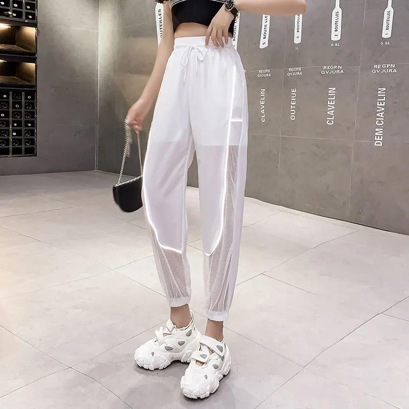 Women Summer Ice Silk Quick Drying Sports Cropped Pants Large Size Loose Hollow Out Thin Casual Jogger Pants