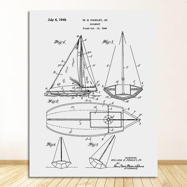 Плакат, подарки моряку, яхта, якорь, колесо корабля, парусный чертеж, морская настенная живопись, холст, картина, парусник, патент, принт, винтаж