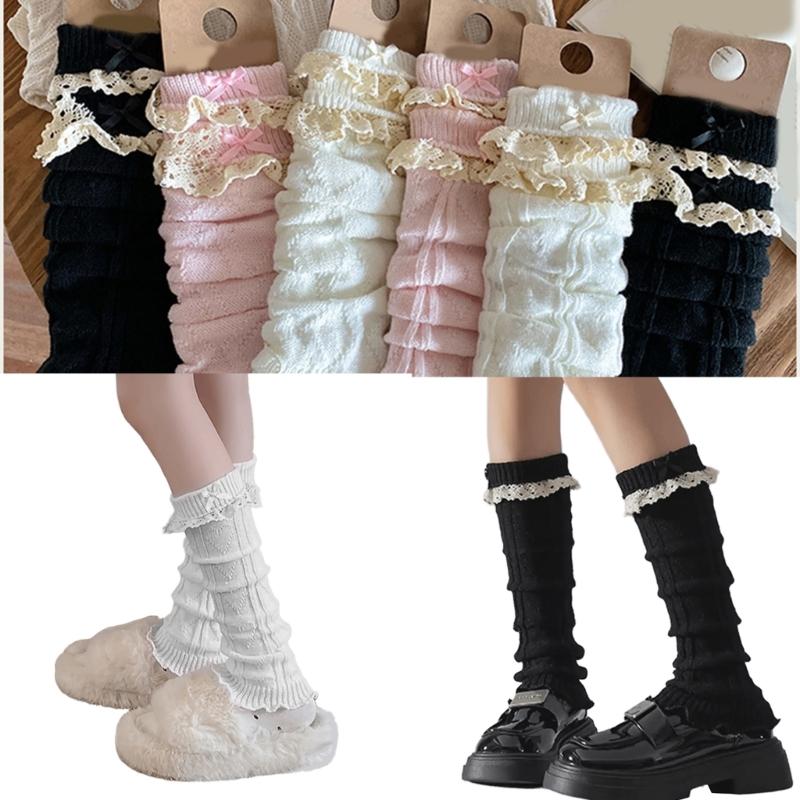 Women Fairycore Knitted Leg Warmers Calf Socks Japanese Sweet Bowknot Ruffled Lace Trim Leg Covers Boot Cuffs Stockings