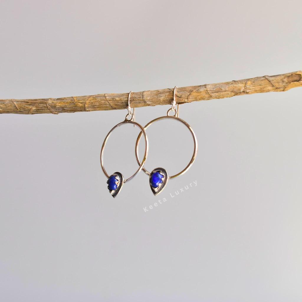 Natural Lapis dangler hoop, Silver oxidized handmade jewelry, Lapis lazuli blue gemstone bohemian earrings for women , Unique gifts ideas