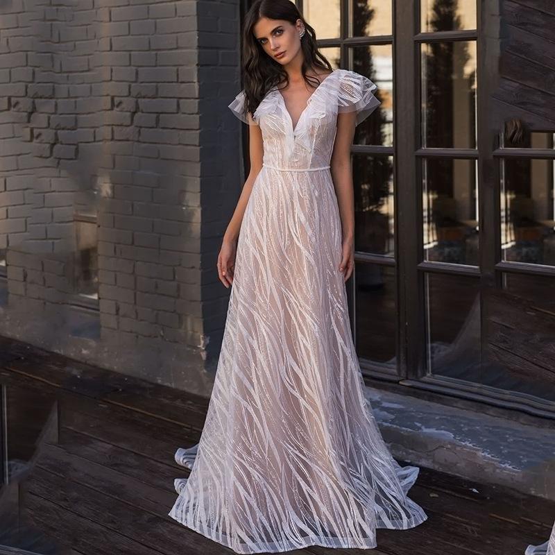 Весна и лето новая европейская и американская женская одежда сексуальное вечернее платье платье длинное лист ивы V-образный вырез кружево, свадебное платье