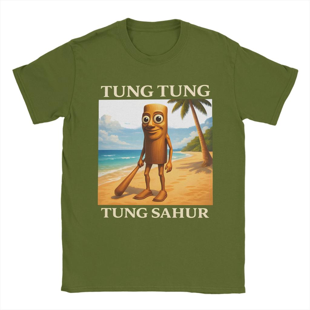 Kawaii Surreal Tung Tung Tung Sahur Beach Tshirts Unisex Oneck Short Sleeve Clothing Italian Brainrot Meme Cotton Summer Clothing