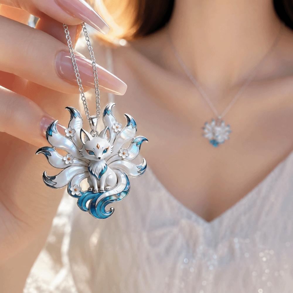 Enamel Look Nine-Tailed Fox Necklace Silver Tone Chain Guardian Charm Pendant Daily Wear