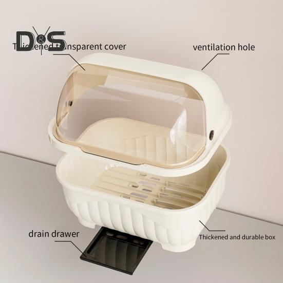 Countertop Utensil Caddy Dish Storage Box Efficient Draining Design Large Capacity Tableware Storage Container with Dustproof Lid