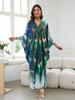 EDOLYNSA 2024 Green Peacock Plume Printed Beach Dress V-neck Side Split Plus Size Kaftan Summer Boho Swimsuit Coverup For Women Cozy House Robe Q1588