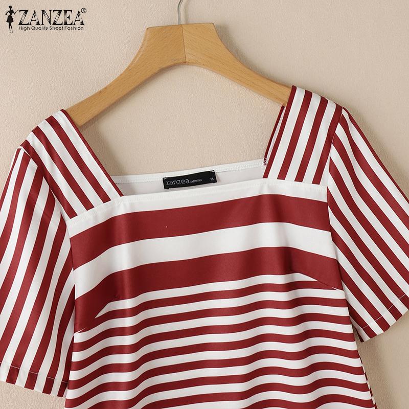 ZANZEA Женская летняя повседневная блузка в полоску с квадратным воротником и коротким рукавом