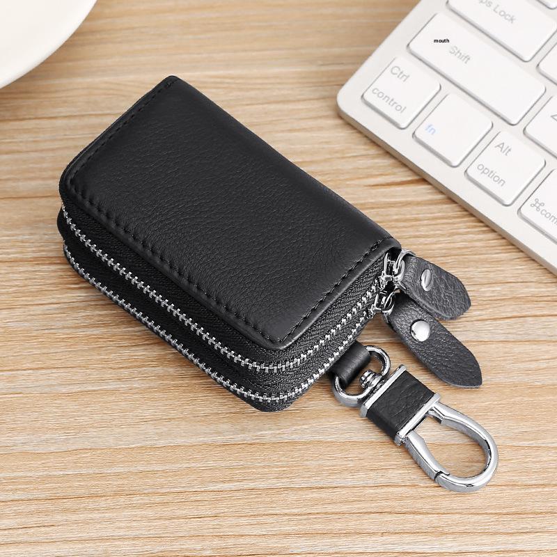Genuine Leather Double Zipper Car Key Bag with Waist Hanging Key Chain for Men