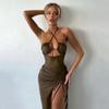 Summer Sexy Breast Hanging Neck Long Skirt Drawn Pleated High Slit Sexy Dress Woman
