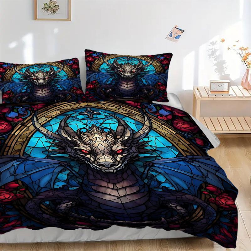 3pcs Dragon Stained Glass Duvet Cover Set - Includes 1 Duvet Cover and 2 Pillowcases, No Quilt Core, All-Season Home Decor yy251111011