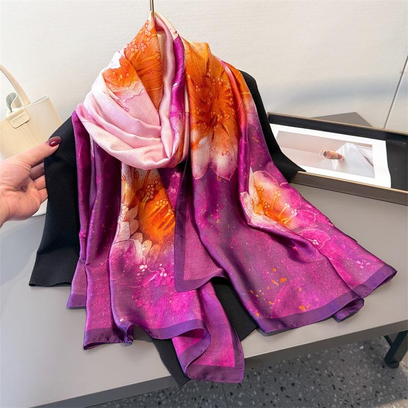 Spring and Summer Thin Printing Simulation Silk Brocade Sunscreen Pink Purple Flower Silk Scarf Long Scarf Shawl Versatile Headscarf Scarf