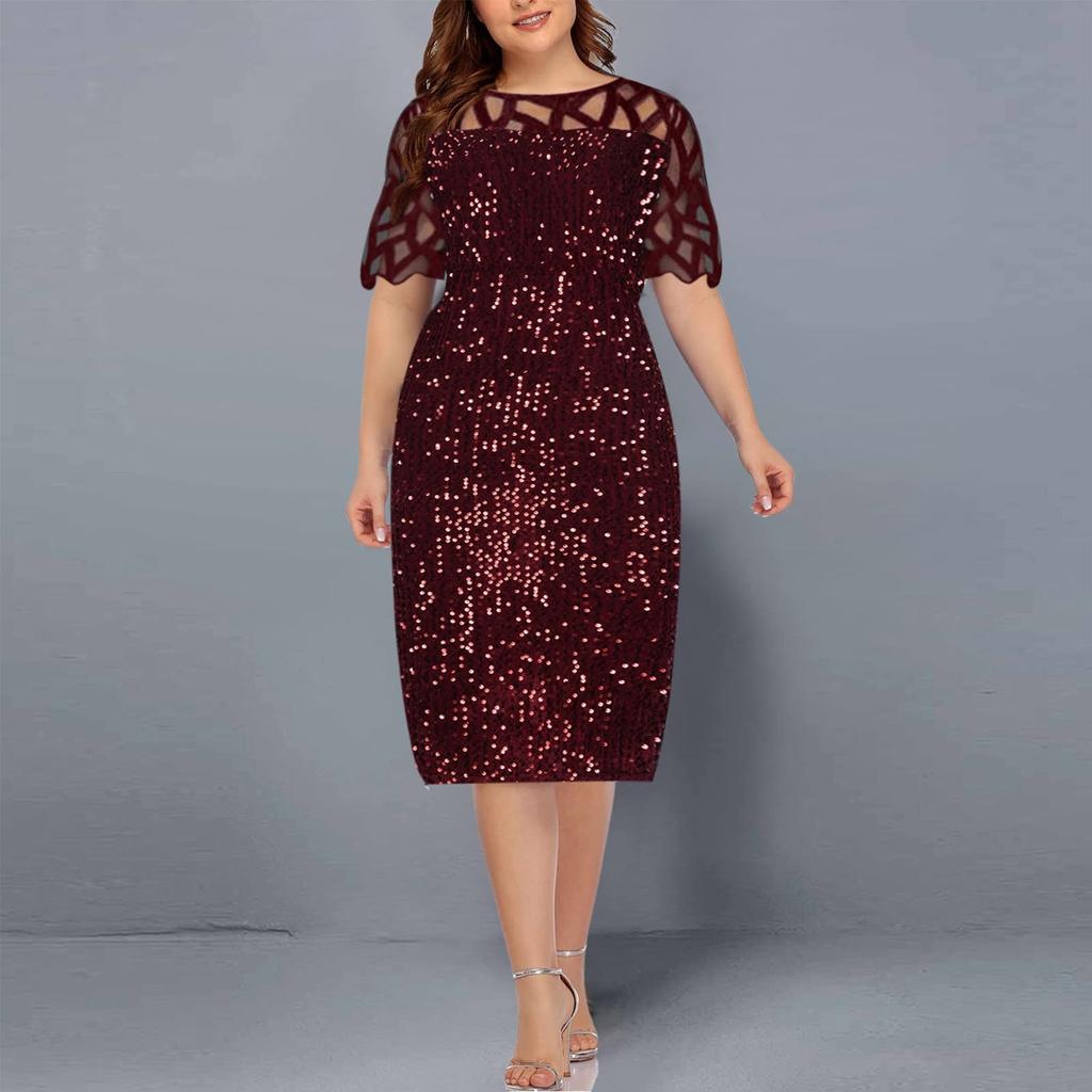 Коктейльные платья больших размеров для женщин, модное платье с короткими рукавами с блестками и блестками, эластичные платья и расклешенные платья