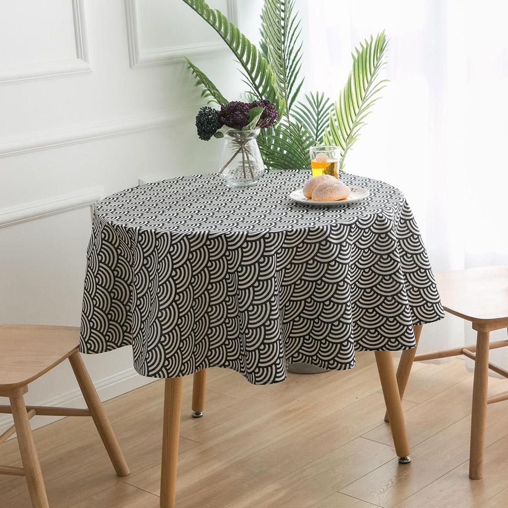 Bohemian Blue Geometric Print Tablecloth with Mediterranean Style Napkins - Cotton Linen for Coffee Table