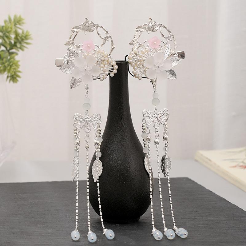 1 пара длинных кулон-кисточка в виде цветка и листа, китайские шпильки для волос в стиле ханьфу для женщин и девочек, свадебные украшения для волос