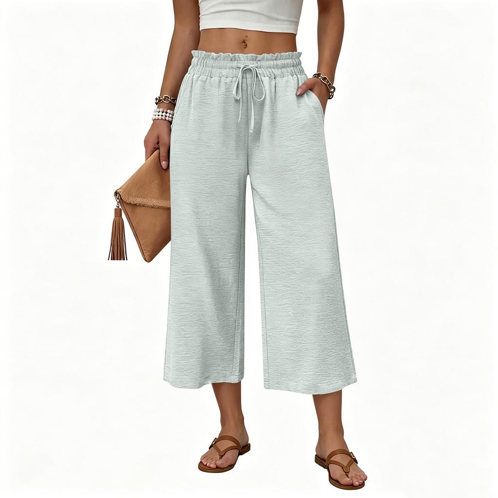 Women's Casual Loose-Fit High-Waisted Cotton-Linen Cropped Pants With Side Pockets