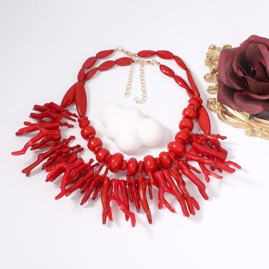 Bohemian Double-Layer Resin Red Coral Necklace for Women