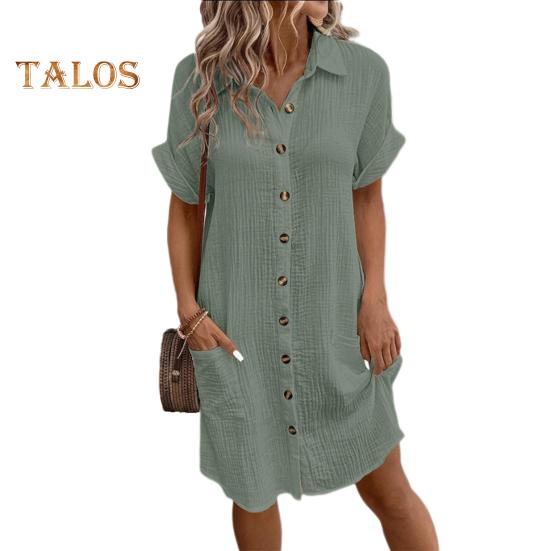 Летнее женское платье с отложным воротником, однобортное, свободное, с короткими рукавами, свободное, однотонное, с накладным карманом, длиной до колена, для отдыха, миди-платье