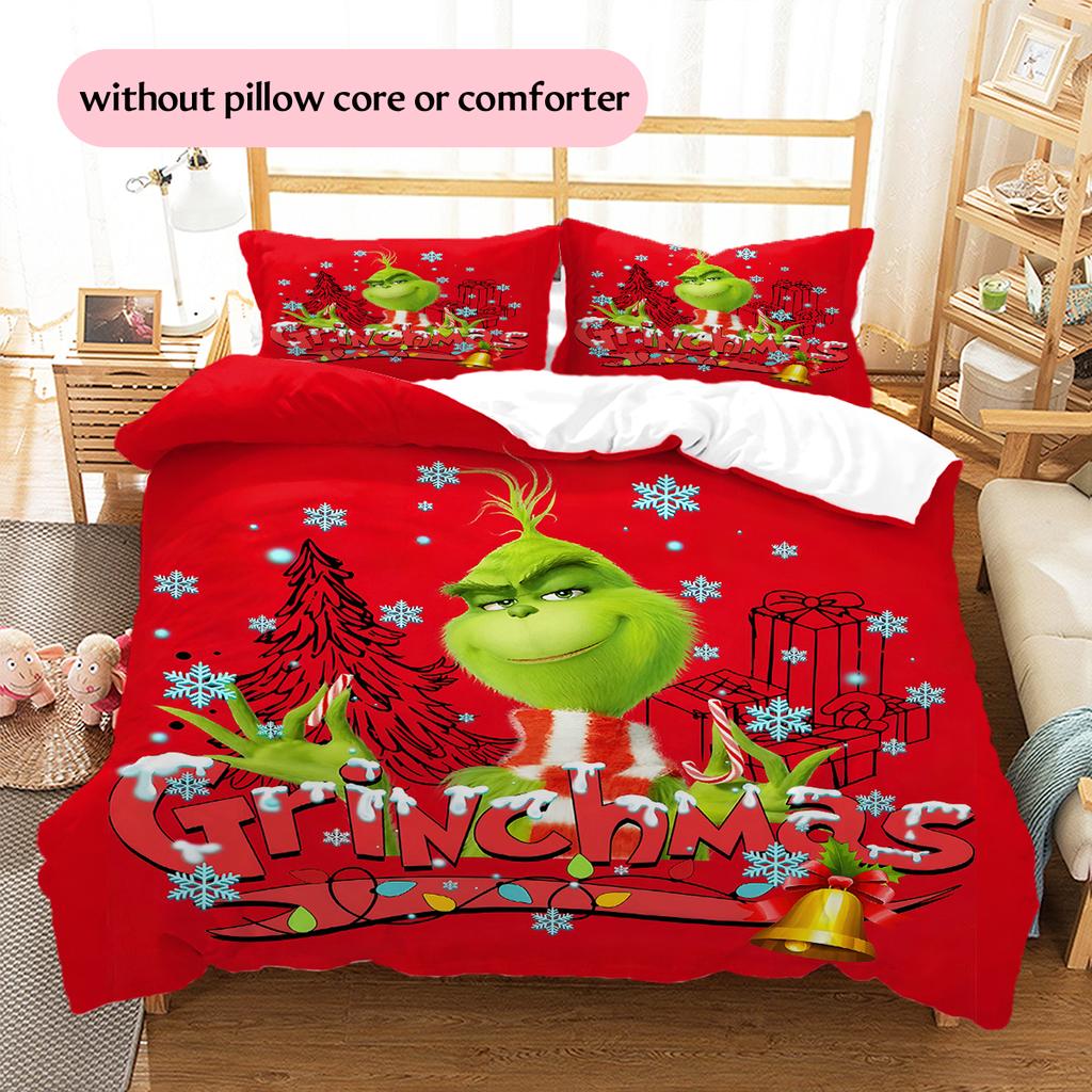 1PC Grinch pattern Bedding Quilt Set Quilt Cover Pillowcase Home Decoration Birthday Gift (1 * duvet cover + 2 * pillowcase, without core)