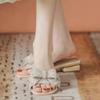 Fashion Mid-heel Sandals New Summer Square Head Shallow Mouth Glitter Butterfly Knot Anti-slip Wear-resistant Slippers