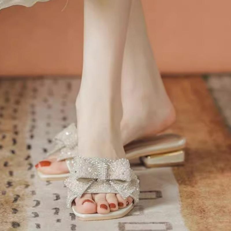 Fashion Mid-heel Sandals New Summer Square Head Shallow Mouth Glitter Butterfly Knot Anti-slip Wear-resistant Slippers