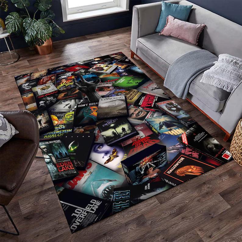 Classic Horror Movie VHS Tape Carpet Mat Rug Horror Film Pattern Home Decoration Floor Rugs for Living Room Bedroom Media Room