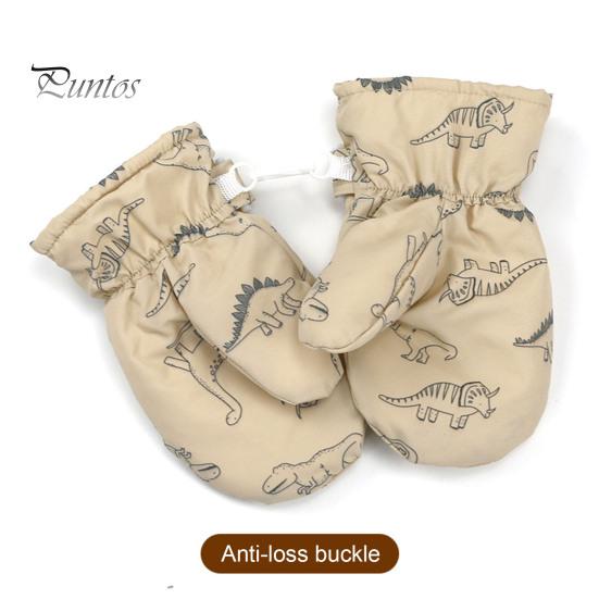 1 Pair Children Winter Mittens Thick Plush-lined Windproof Cartoon Dinosaur Cold Weather Outdoor Gloves Adjustable Fasten Strap Anti-Slip Ski Gloves
