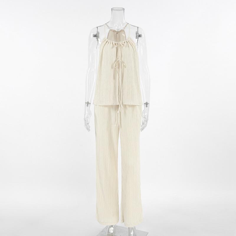 Retro Solid Color Round Neck Lace Up Sleeveless Top Sets Elegant High Waist Loose Wide Leg Pants Suit 2025 Summer Lady High Street Outfits