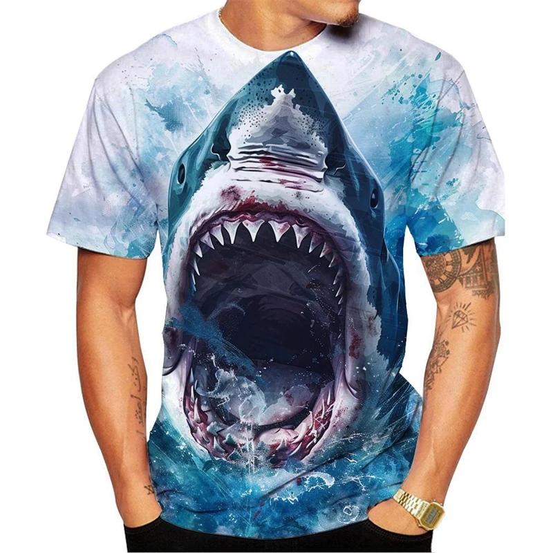 Summer Horror Great White Short Sleeve Fun 3D Colorful Printed Men's T-shirt Plus Size Loose Everyday Casual Comfortable Round-neck T-shirt