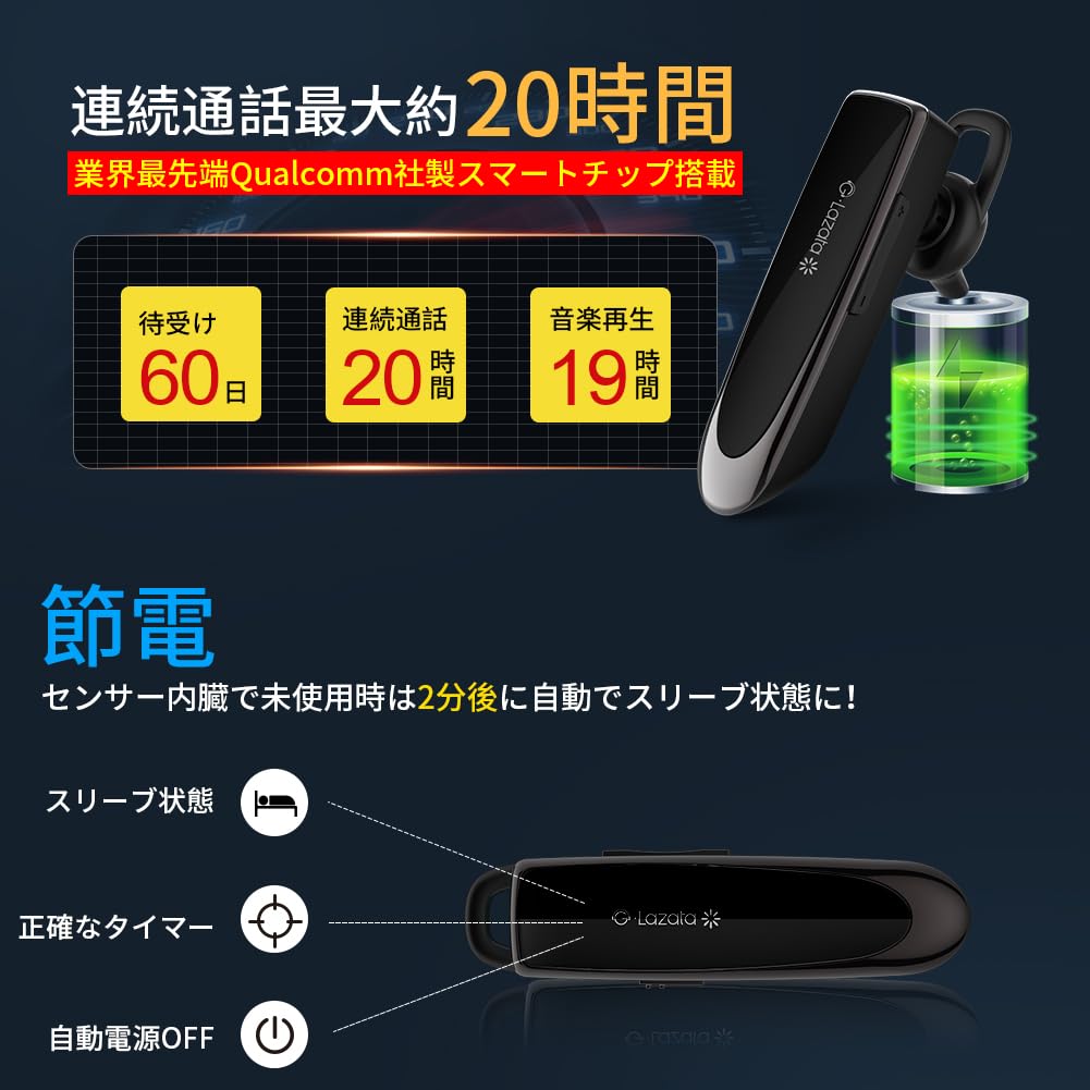 Японская гарнитура Glazata с чипом Qualcomm 3020, 20-часовое время работы от аккумулятора, совместима с iOS, Android и Windows. (черный)