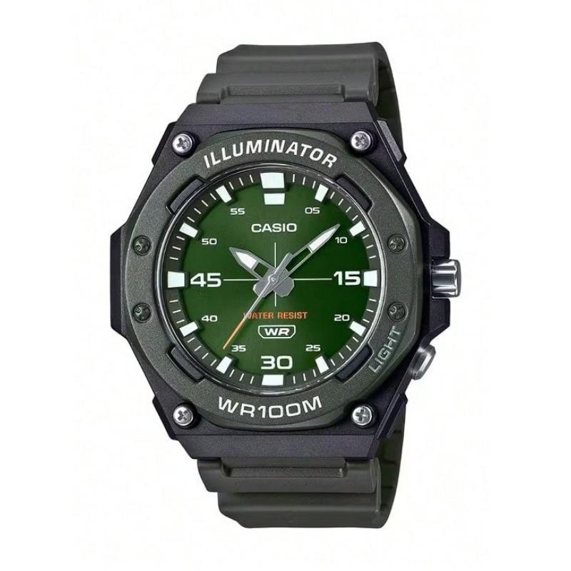 Casio Мужские кварцевые часы с зеленым корпусом, черным ремешком, водонепроницаемостью 100 метров и светодиодным дисплеем с подсветкой. спорт, различные случаи. MW-620H