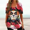 2024 Vintage Skull Face Women's T Shirt Tops V Neck Blouses Casual Short Sleeve Pullover Summer Female Harajuku Punk Streetwear