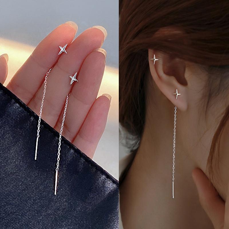 Trendy Long Wire Tassel Thread Chain Climb Star Heart Beads Pendants Drop Earrings Women'S Rhinestone  Accessories Jewelry