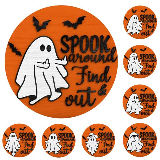 Halloween Ghost Door Sign Spook Around Find Out Welcome Sign Front Porch Hanging Wooden Plaque for Home Window Wall Decor