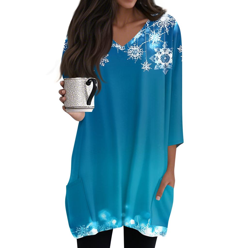 Womens Tops V-neck 3/4 Sleeve Blouses Casual Mid-length Shirts Fashion Christmas Print Tunic Tops With Pockets