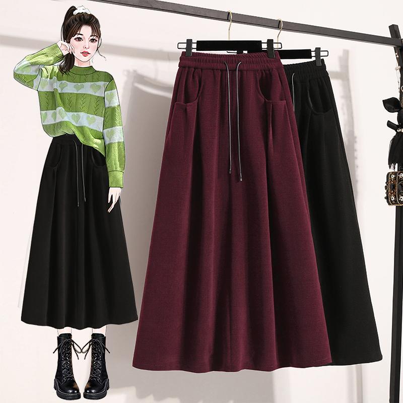 DIMANAF 2024 Осень Зима Плюс Размер Длинные Женские Юбки Однотонные А-силуэта Большие Размеры Женские Элегантные С Высокой Талией Новые Юбки